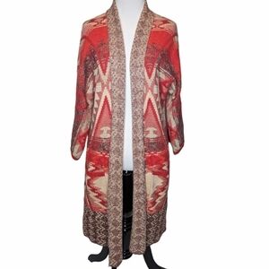 Lucky Brand sweater duster cardigan tribal Aztec knit red cream brown size XS/S